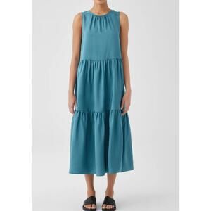 $358 Eileen Fisher Washed Silk Tiered Long Dress | Sz M, River Blue NEW